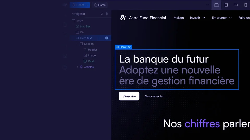 Website design interface with French text promoting financial management.