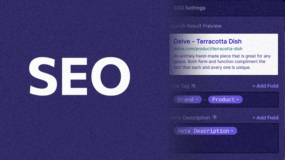 SEO text on purple background with a search result preview..