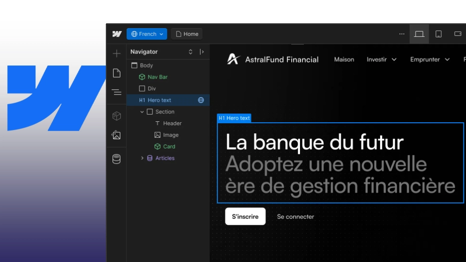 Screenshot of a web design interface with a preview of a French financial website and editing tools.